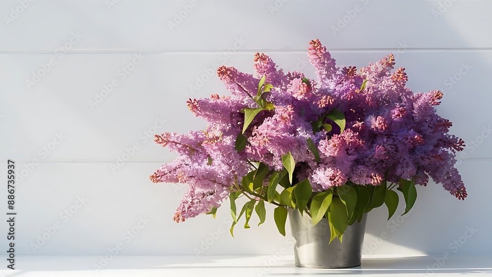Purple spring lilac flowers still life on white background in the morning purple bunch of lilac in metal pots Purple spring lilac flowers still life on white background in the morning purple bunch of lilac in metal pots