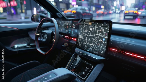 TechSavvy Wonder Futuristic Smart Car Dashboard with GPS Navigation and Autonomous Driving Features