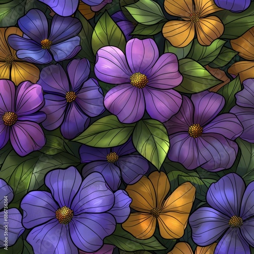 Wallpaper Mural A Vibrant Floral Pattern with Purple, Green and Orange Flowers Torontodigital.ca
