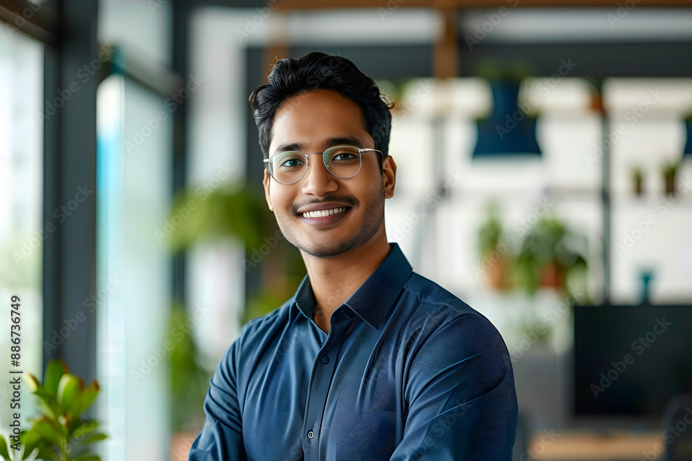happy smiling Indian business man leader looks away with confidence, standing in the office, smiling young professional businessman manager and executive from India happy smiling Indian business man leader looks away with confidence, standing in the office, smiling young professional businessman manager and executive from India