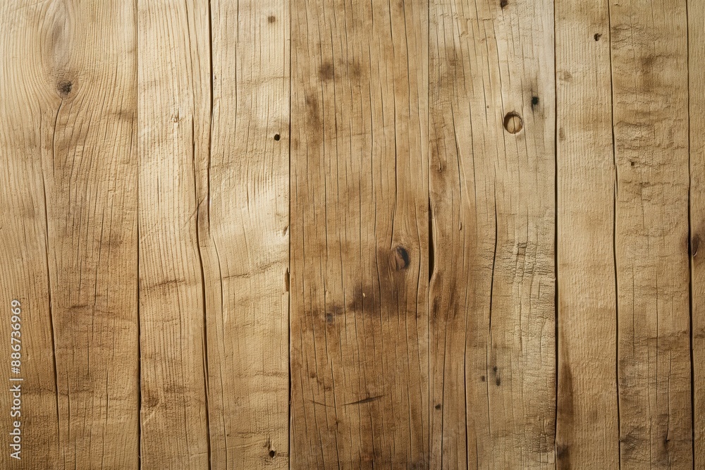 Naklejka premium Wooden surface with knots and cracks texture. Close-up view of wooden board with brown color. Imperfections add depth to smooth wood. Blurred background focuses on wooden texture.