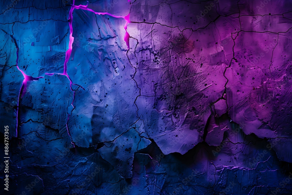 Cracked and textured wall with purple and blue neon lighting. Cracked and textured wall with purple and blue neon lighting.