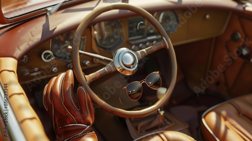Retro Charm Vintage Car Interior with Classic Steering Wheel Leather Seats Sunglasses and Driving Glove © laliz