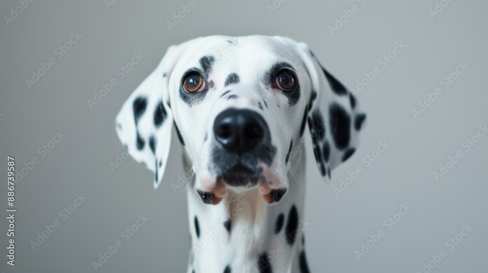Dalmatian dog, with its distinctive black spots and bright eyes highlighted, set against a simple, clean background Dalmatian dog, with its distinctive black spots and bright eyes highlighted, set against a simple, clean background