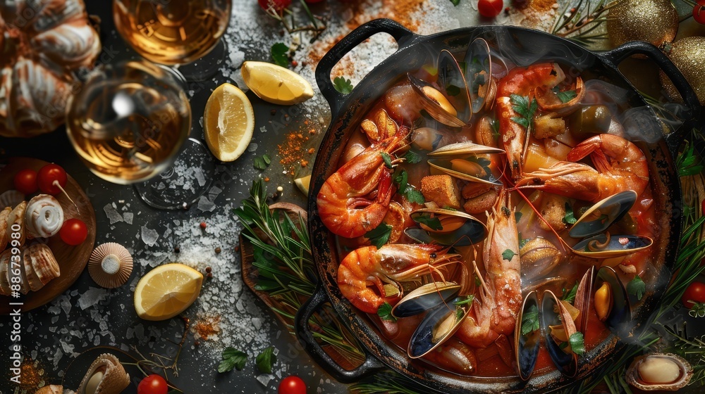 Delicious seafood dish with shrimp and mussels in a pan, surrounded by ingredients like garlic, lemon, and wine. Delicious seafood dish with shrimp and mussels in a pan, surrounded by ingredients like garlic, lemon, and wine.