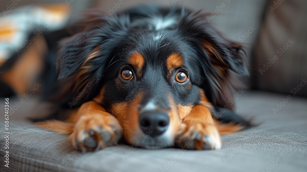 dog lies on blanket, banner, indoor pet dog lies on blanket, banner, indoor pet