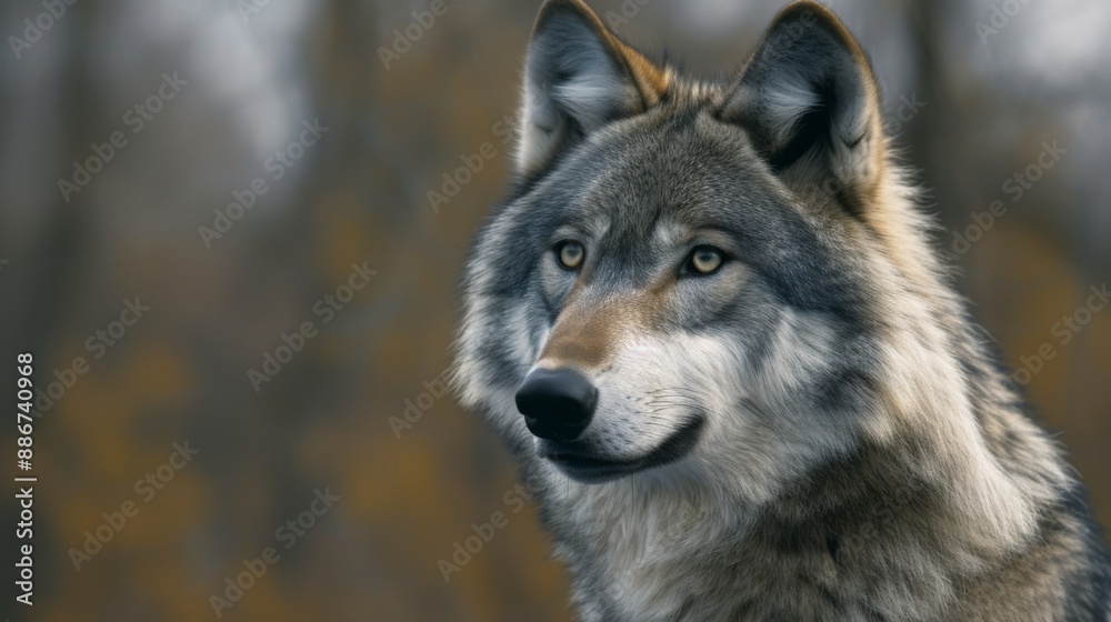 Gray Wolfs face, highlighting its piercing eyes and thick fur Gray Wolfs face, highlighting its piercing eyes and thick fur