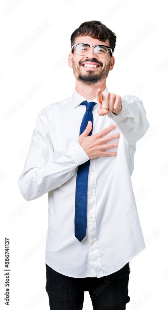 Young handsome business man wearing glasses over isolated background Laughing of you, pointing to the camera with finger hand over chest, shame expression Young handsome business man wearing glasses over isolated background Laughing of you, pointing to the camera with finger hand over chest, shame expression