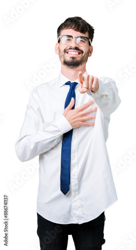 Young handsome business man wearing glasses over isolated background Laughing of you, pointing to the camera with finger hand over chest, shame expression