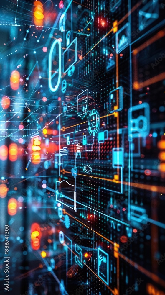 Fototapeta premium Edge computing, data processing benefits, latency reduction, wideangle view, glowing tech icons, vibrant digital network, efficient and fast response