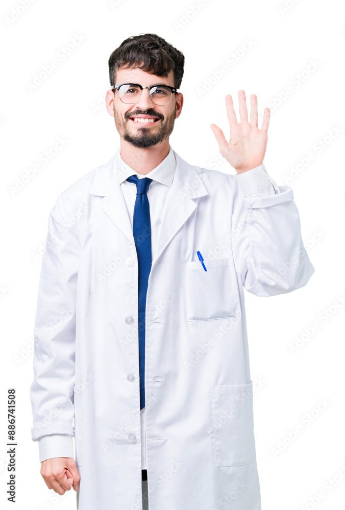 Young professional scientist man wearing white coat over isolated background showing and pointing up with fingers number five while smiling confident and happy. Young professional scientist man wearing white coat over isolated background showing and pointing up with fingers number five while smiling confident and happy.