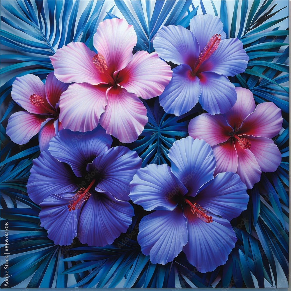 Vibrant Purple Hibiscus Flowers with Green Leaves, Tropical Nature Artwork Vibrant Purple Hibiscus Flowers with Green Leaves, Tropical Nature Artwork