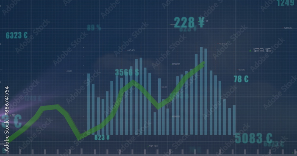 Image of financial data processing with green line and numbers Image of financial data processing with green line and numbers