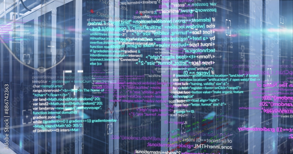 Obraz premium Image of data processing and light spots against empty computer server room