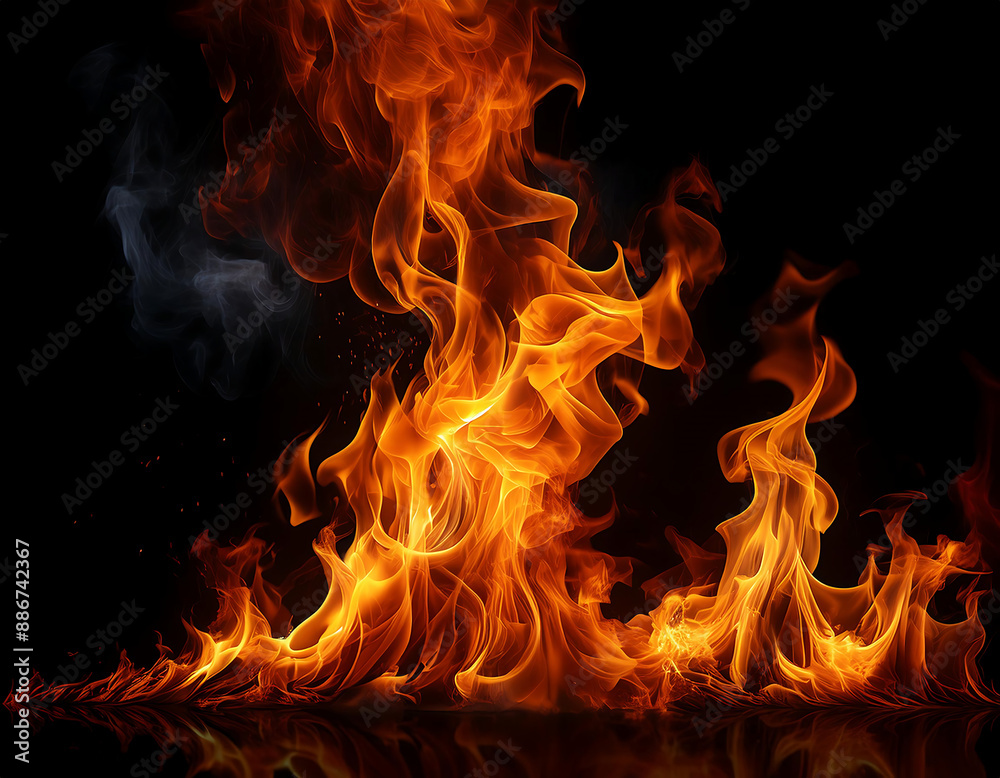 Fototapeta premium Fire Flames on Black Background- Dynamic and intense flames dancing against a deep black ba_1(125)