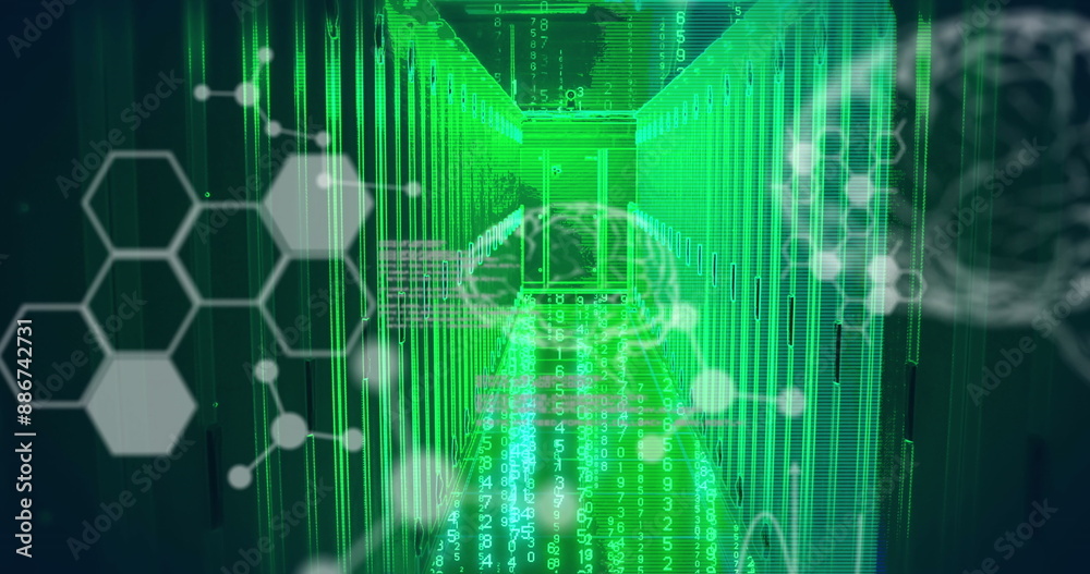 Image of scientific data processing and brains over computer servers