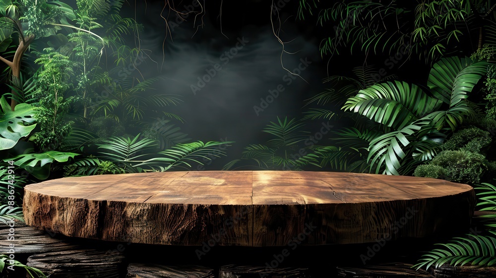 Product display of an empty brown wooden podium set against a lush evergreen rainforest background