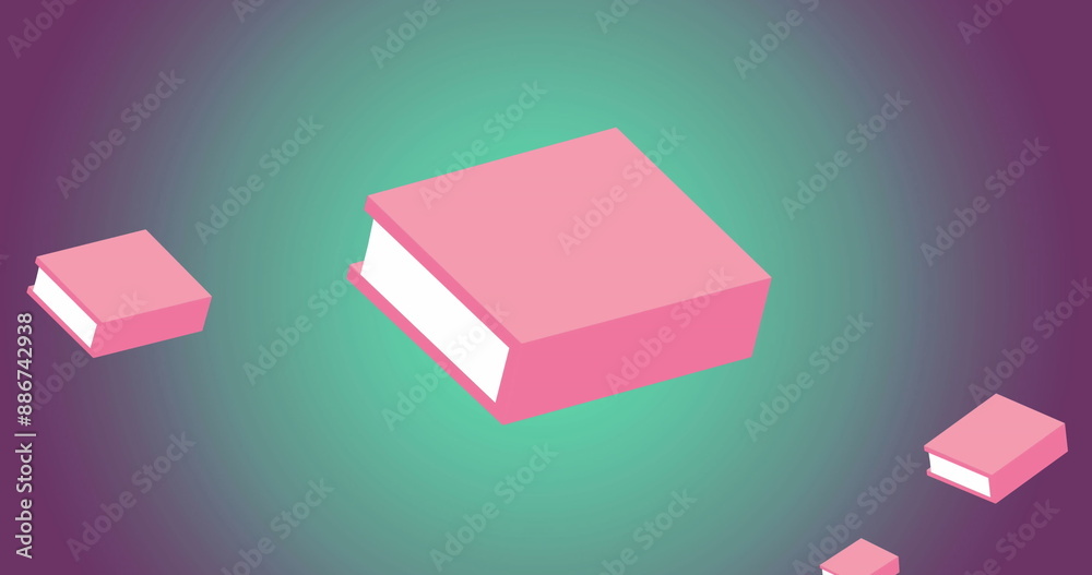 Fototapeta premium Image of multiple book icons floating against copy space on purple and green gradient background