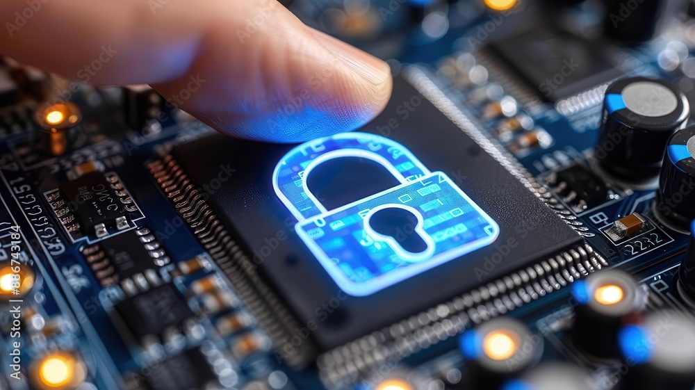 Fototapeta premium Virtual interface screen with a digital padlock icon, highlighting secure network and data technology