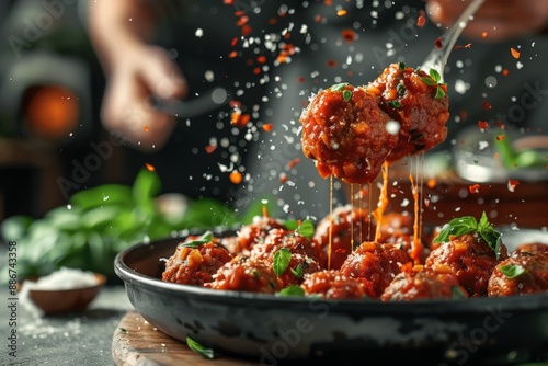 Meatballs with marinara sauce flying in a flavorful scene