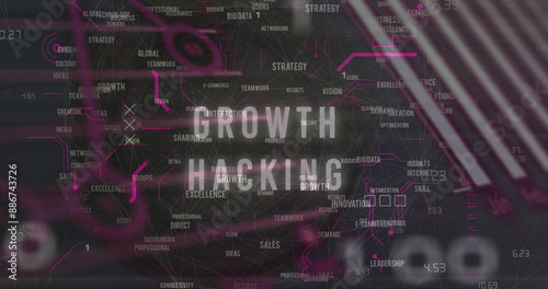 Image of growth hacking text, infographic interface, multiple words on globe on black background photo