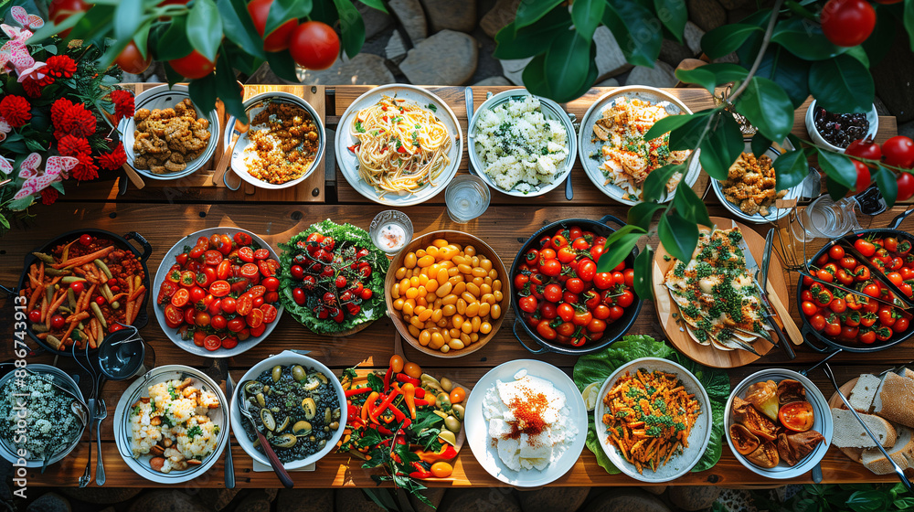 A vibrant outdoor table setting filled with a variety of colorful dishes, including pasta, salads, fruits, and vegetables, surrounded by lush greenery and flowers.