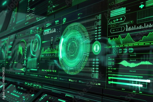 Futuristic digital interface technology dashboard with glowing holographic data displays visualizing analytics, information, and high-tech graphics.