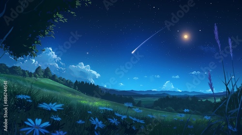 A beautiful night sky with a bright star and a shooting star. Anime background. Anime sky. Anime wallpaper
