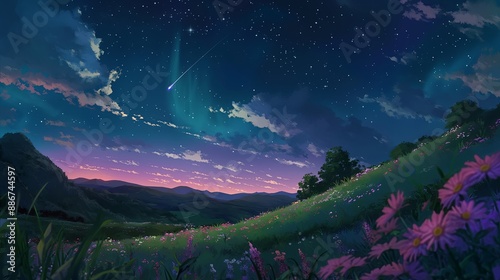 A beautiful night sky with a shooting star and a field of flowers. Anime background. Anime sky. Anime wallpaper