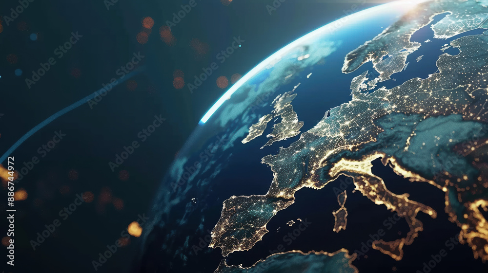 Obraz premium A cinematic still capturing Earth from orbit, highlighting the contrasting glass-like surfaces that create a striking visual effect against the backdrop of space.