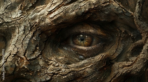 Close up of human eye on tree bark. Conceptual image. Eye of a man in an old tree trunk © nataliia_ptashka
