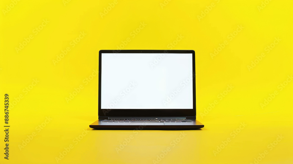 laptop with blank screen on yellow background