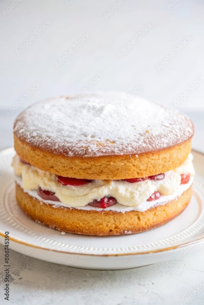 Victoria sponge cake filled with whipped cream and fresh strawberries, dusted with powdered sugar on a white plate. Victoria sponge cake filled with whipped cream and fresh strawberries, dusted with powdered sugar on a white plate.