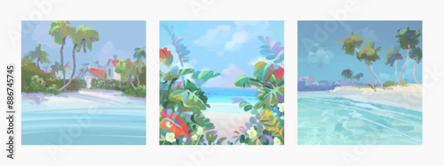 Set of summer tropical beach resort background. Sea landscape nature design template for poster, flyer, web banner, cover, brochure, greeting card. Vector illustration