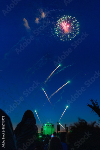 foule regardant un feu d'artifice 