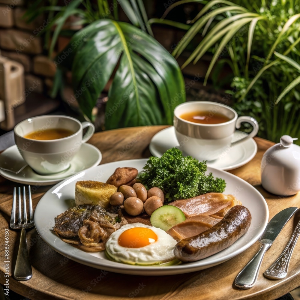Traditional English breakfast with fried eggs, sausages, black pudding, baked beans, and toast, served with tea. Traditional English breakfast with fried eggs, sausages, black pudding, baked beans, and toast, served with tea.