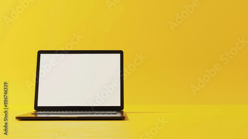 laptop with blank screen on yellow background