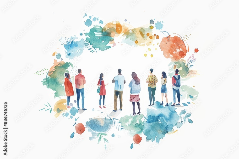Fototapeta premium Diversity, equality and inclusion concept. Colorful watercolor painting of a diverse and multicultural group of people.