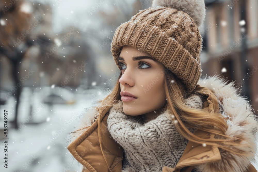 Woman in Stylish Beanie Hat and Winter Coat Woman in Stylish Beanie Hat and Winter Coat
