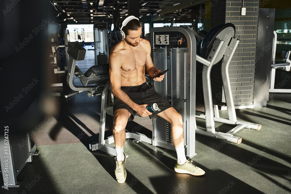 A shirtless man sitting on a bench, engrossed in his cell phone and headphones