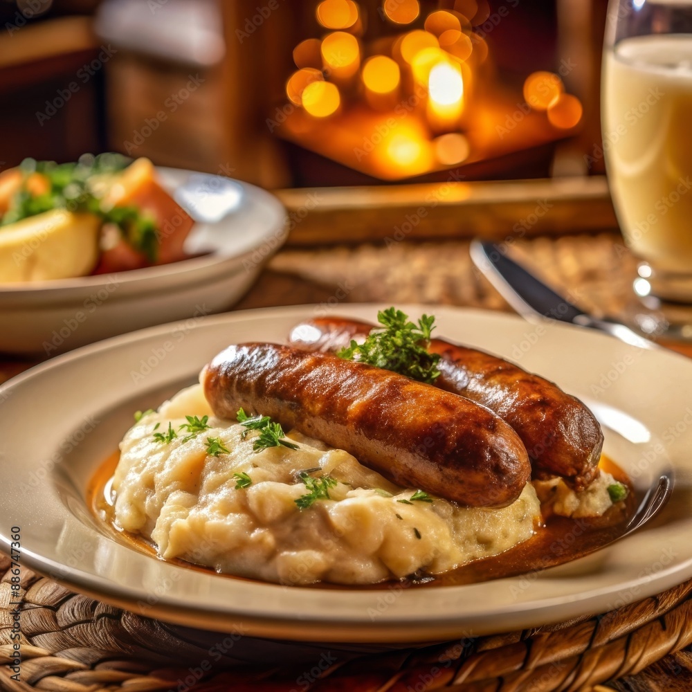 Traditional English bangers and mash with sausages on creamy mashed potatoes, garnished with fresh herbs and served in a cozy dining setting. Traditional English bangers and mash with sausages on creamy mashed potatoes, garnished with fresh herbs and served in a cozy dining setting.