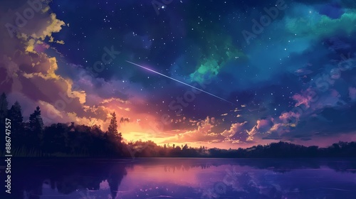 A beautiful night sky with a bright star shooting through the clouds. Anime background. Anime sky. Anime wallpaper