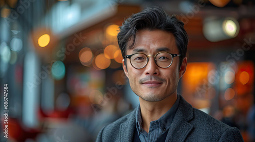 Confident Middle-Aged Asian Man with Glasses in a Modern Café Setting © Nick Alias