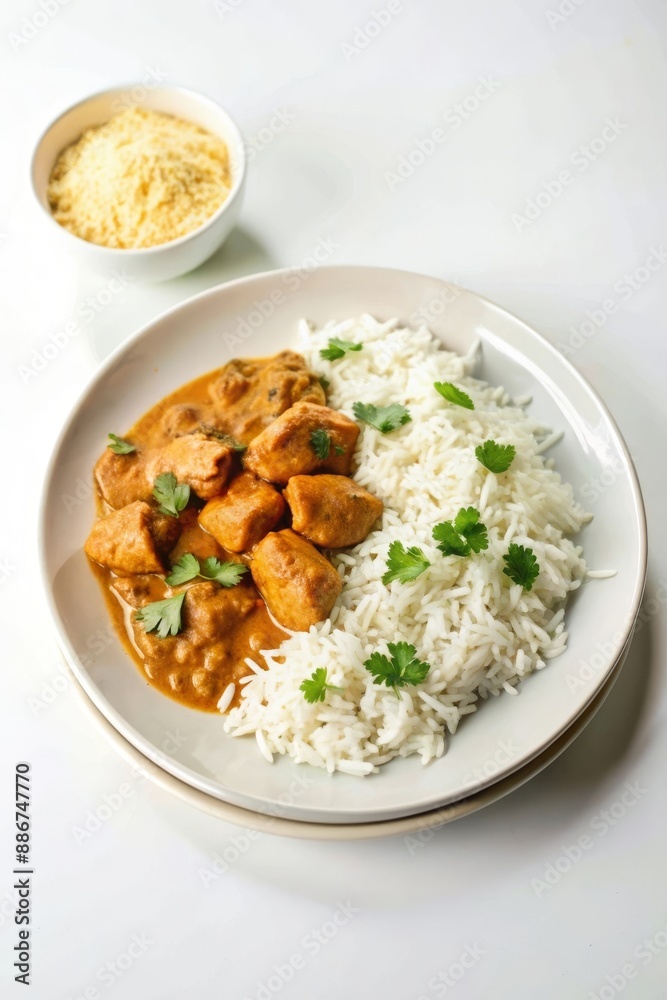 Traditional English chicken curry served with basmati rice and garnished with fresh cilantro on a white plate. Traditional English chicken curry served with basmati rice and garnished with fresh cilantro on a white plate.
