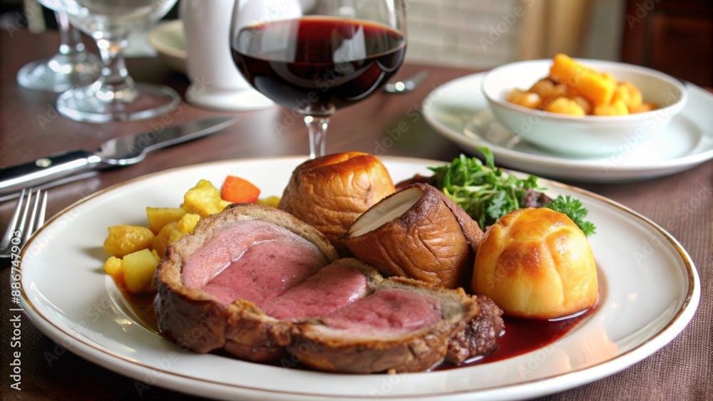 English roast beef dinner with Yorkshire pudding, roasted vegetables, and a glass of red wine. English roast beef dinner with Yorkshire pudding, roasted vegetables, and a glass of red wine.