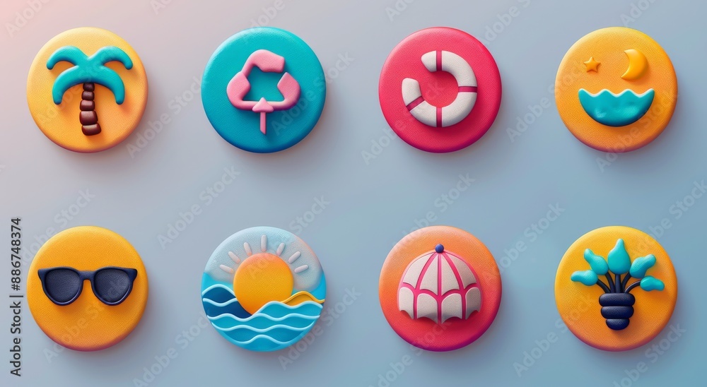 Set of vibrant summer-themed icons. Set of vibrant summer-themed icons.