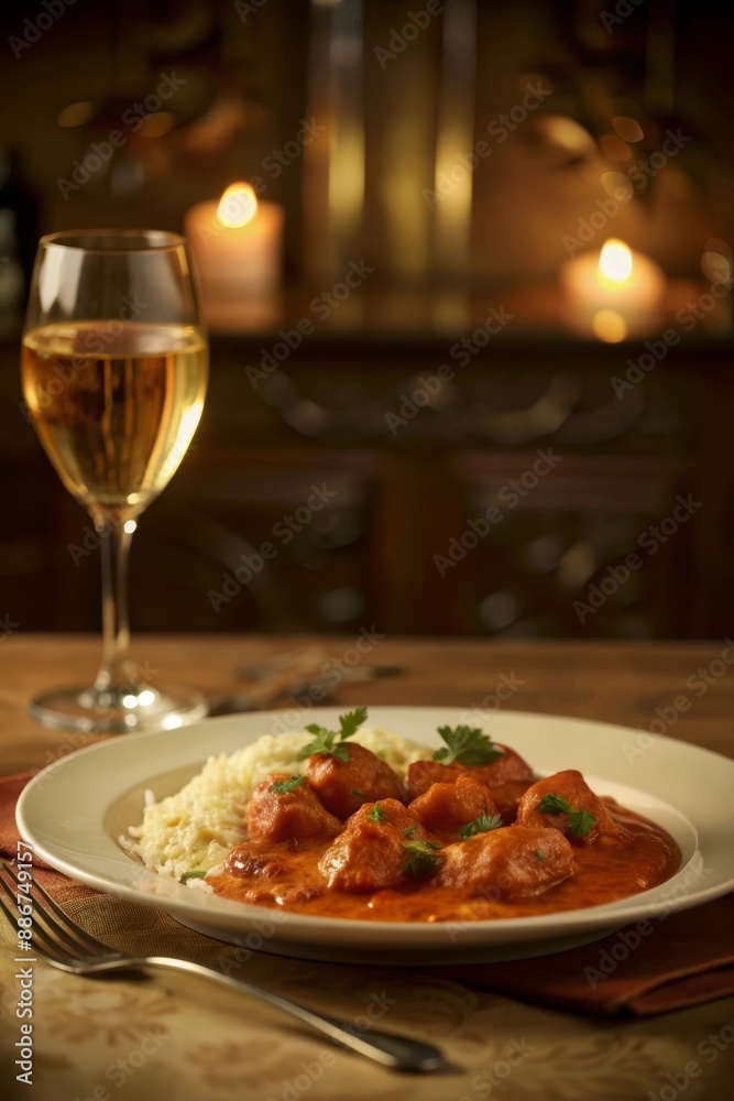 Chicken curry with rice, paired with a glass of white wine, in a cozy candlelit dining setting. Chicken curry with rice, paired with a glass of white wine, in a cozy candlelit dining setting.