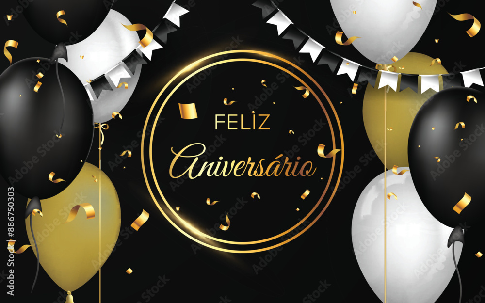 cartão ou banner para desejar feliz aniversário em dourado em dois círculos sobre fundo preto com balões, confettis e bandeirolas na cor ouro branco e preto