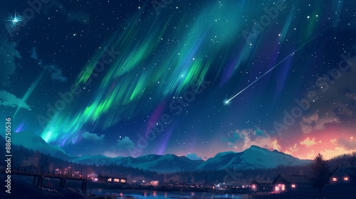 A beautiful night sky with a bright star shooting across the sky. Anime background. Anime sky. Anime wallpaper