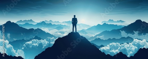 Man Standing on Mountain Peak Above Clouds Success and Achievement Concept